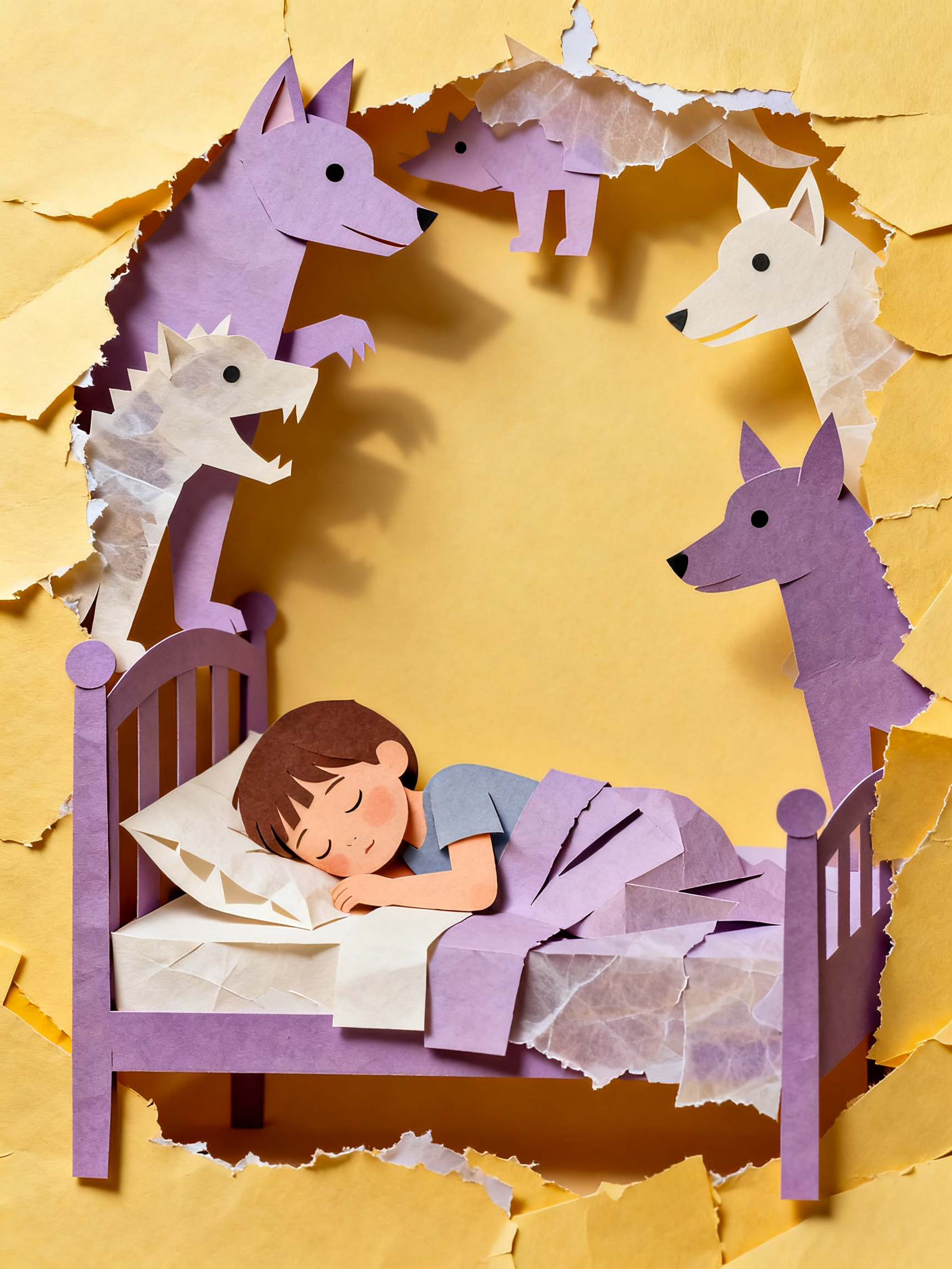 Child sleeping peacefully with paper cut guardian animals layered around bed frame, protective comfo