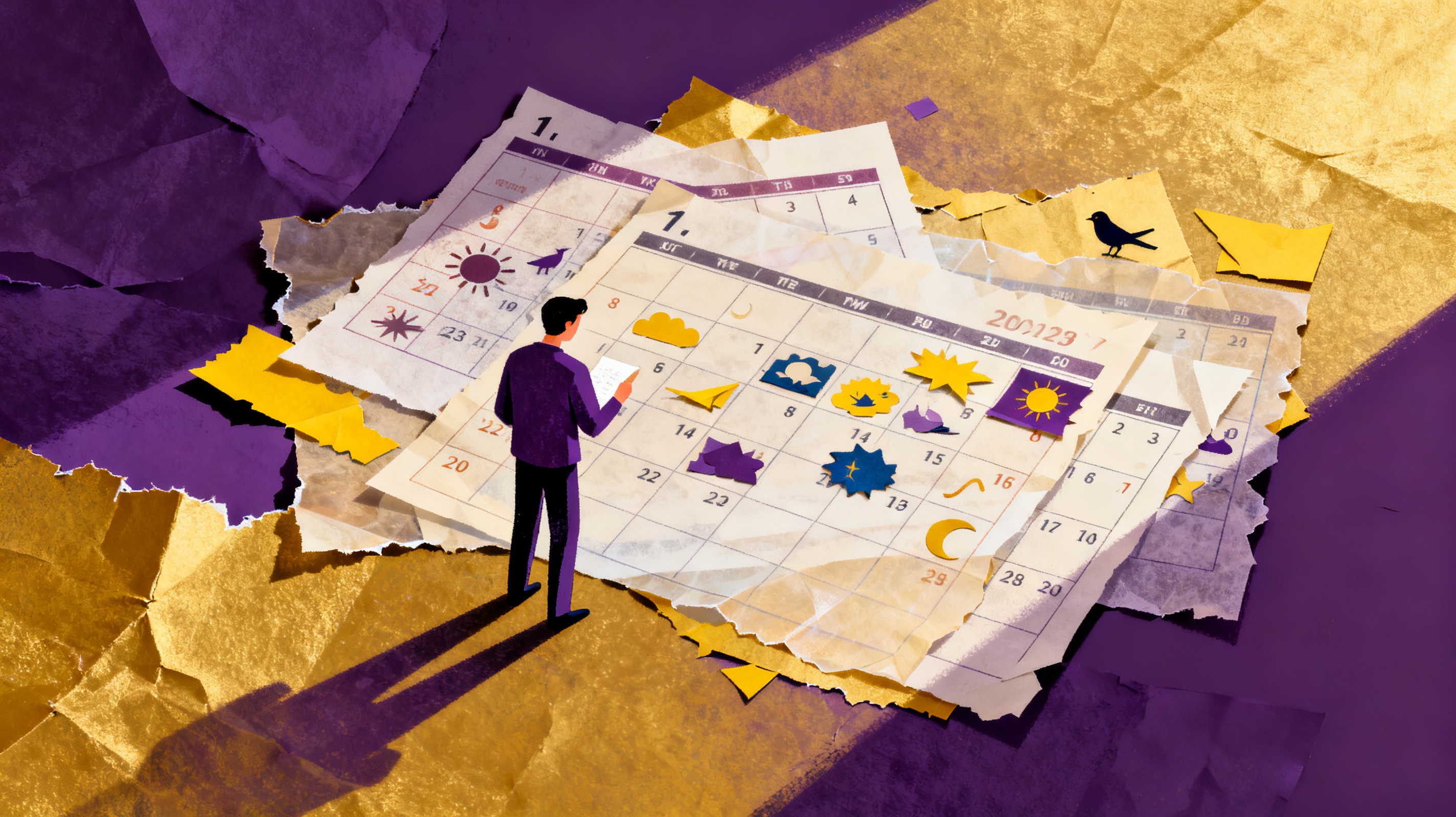Figure reviewing overlapping paper calendar pages with dream symbols cut from colored paper, organiz