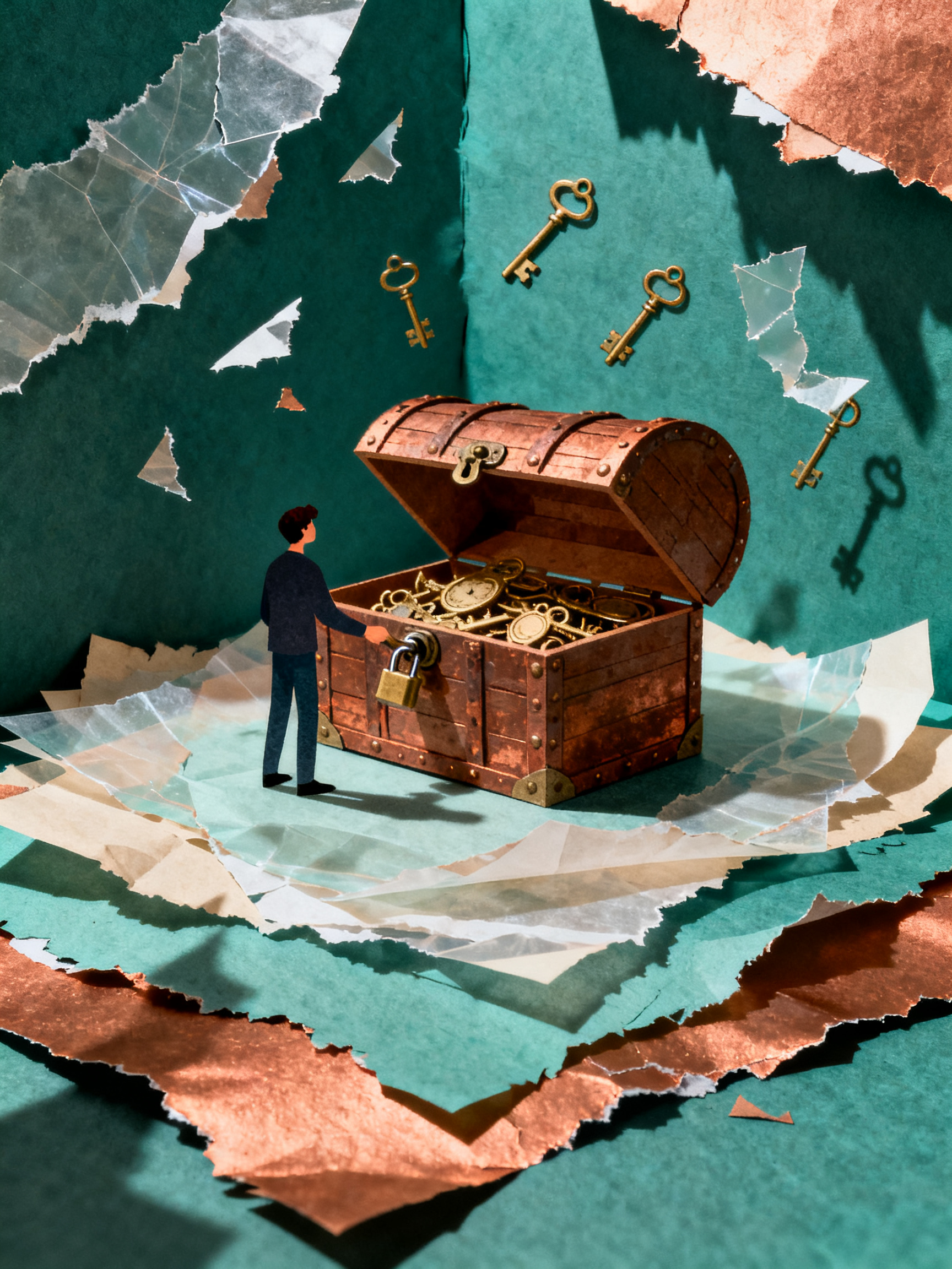Person unlocking layered paper treasure chest with dream keys floating around, torn paper mysteries 