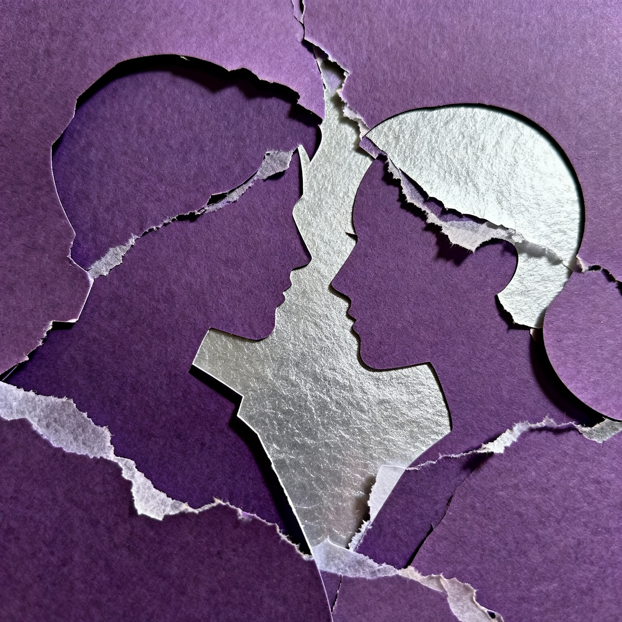 Two paper silhouettes merging into one layered form with overlapping translucent papers, torn edges 