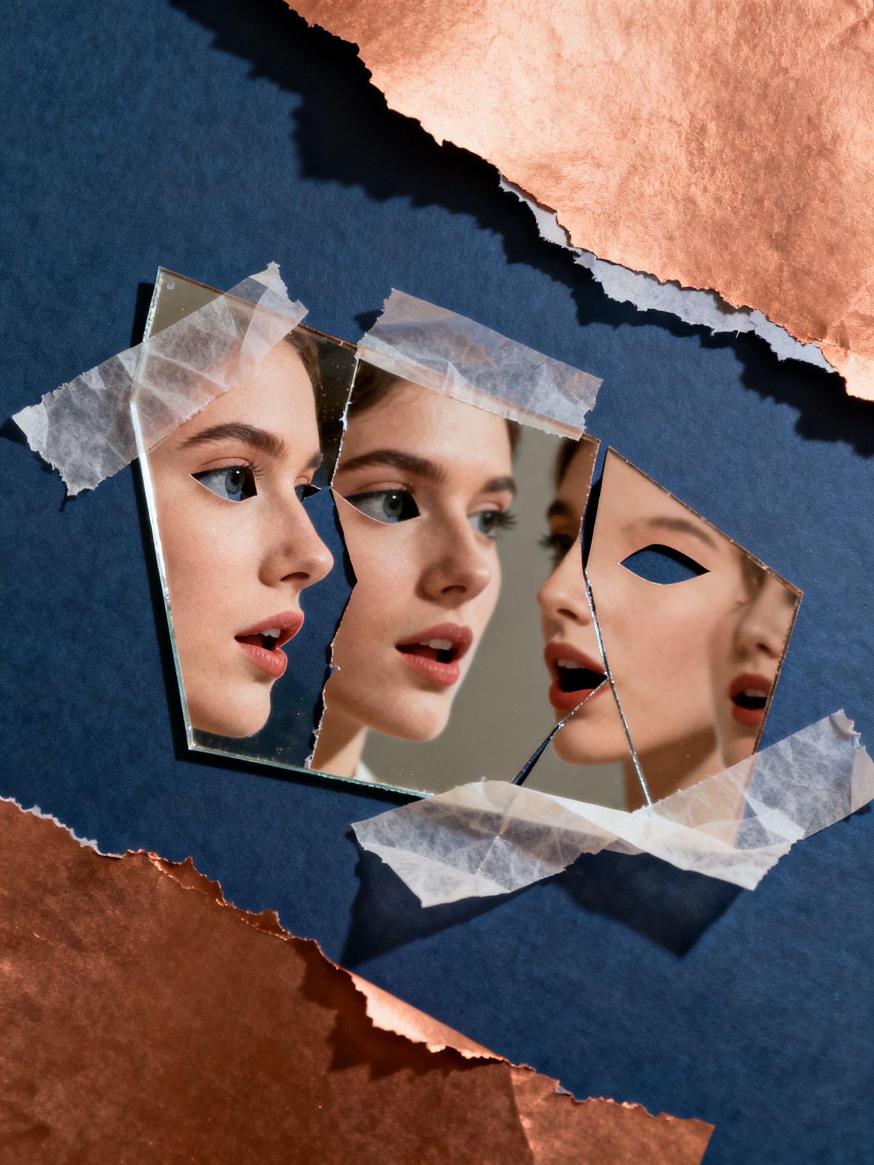 Fragmented paper mirror reflecting multiple layered faces with cut-out eyes and mouths, overlapping 