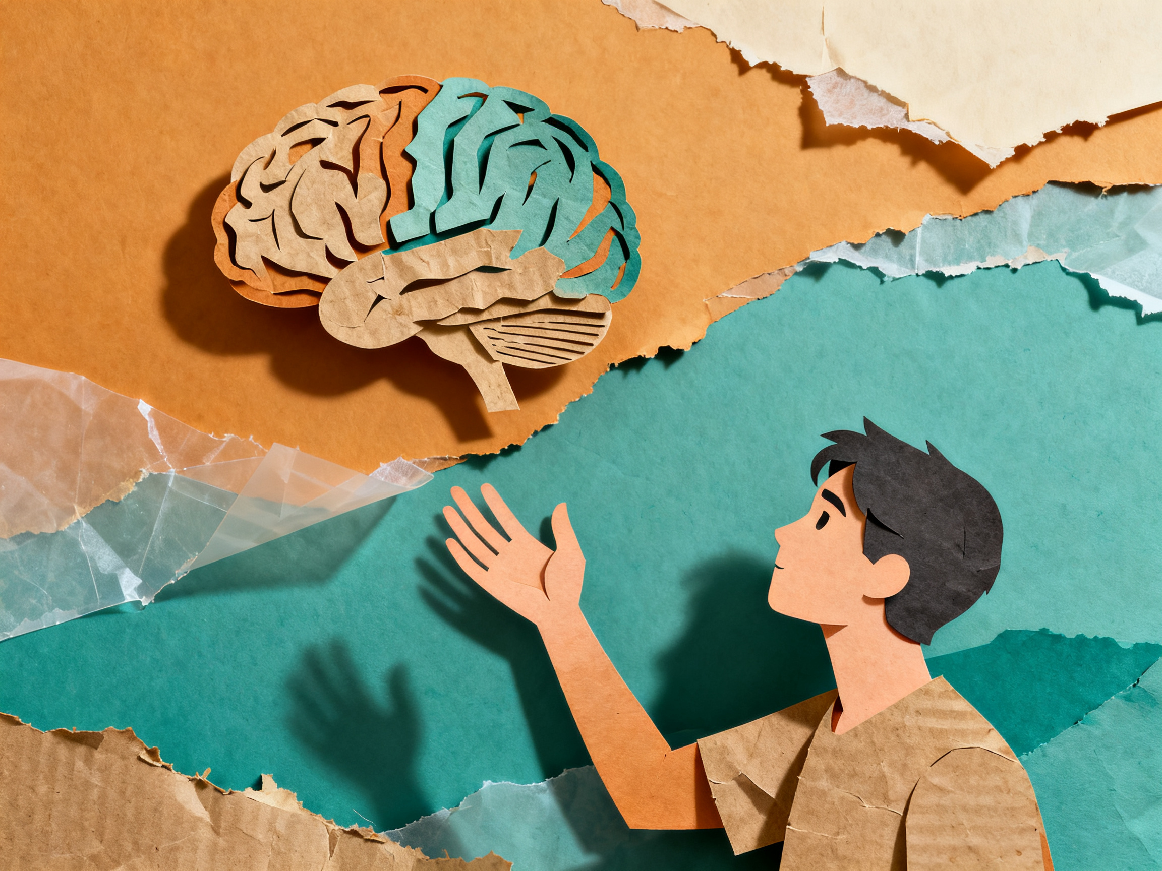 Person reaching toward floating cut-paper brain with visible layered sections, kraft paper textures 