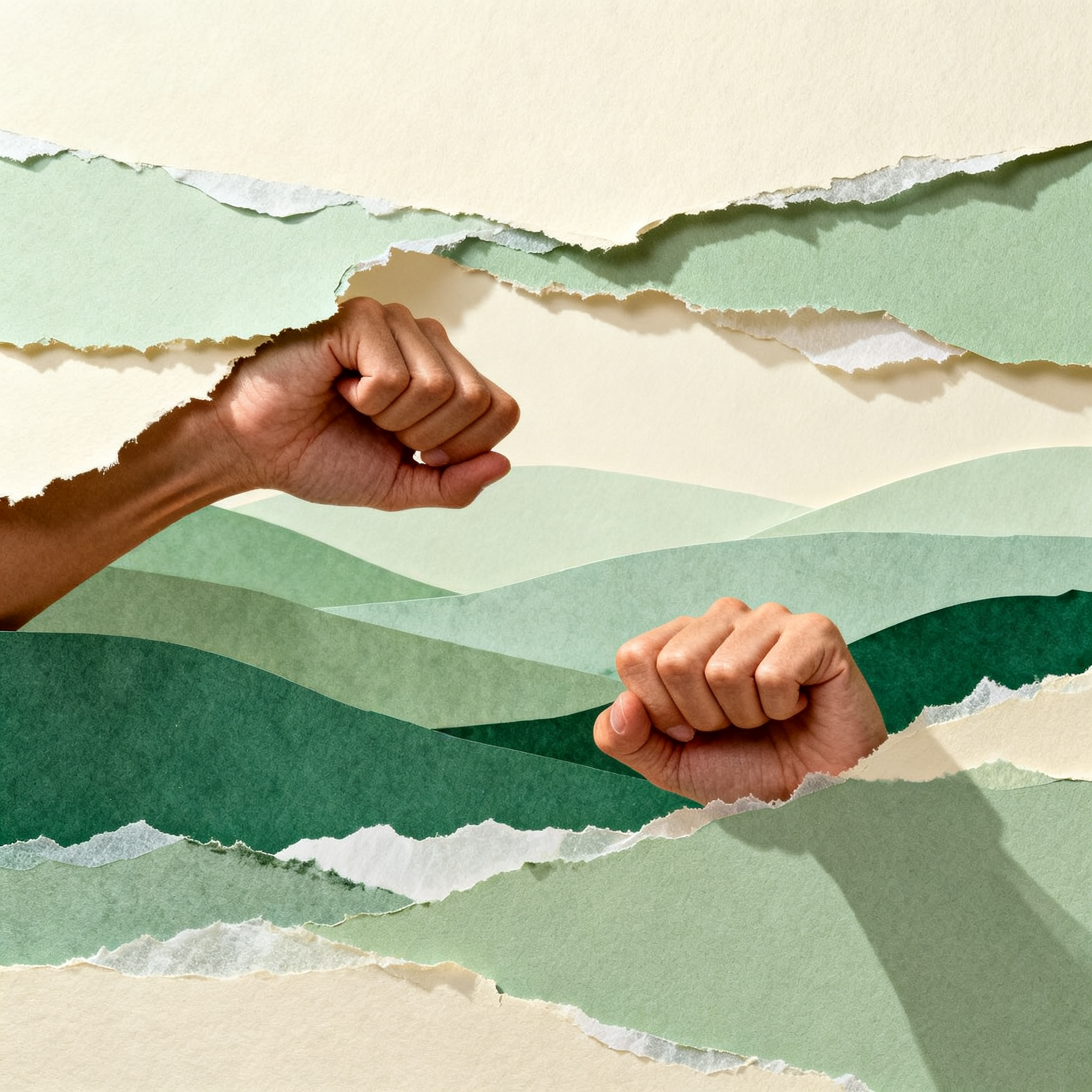 Hands breaking through torn paper barriers into peaceful layered landscape, multiple paper depths wi