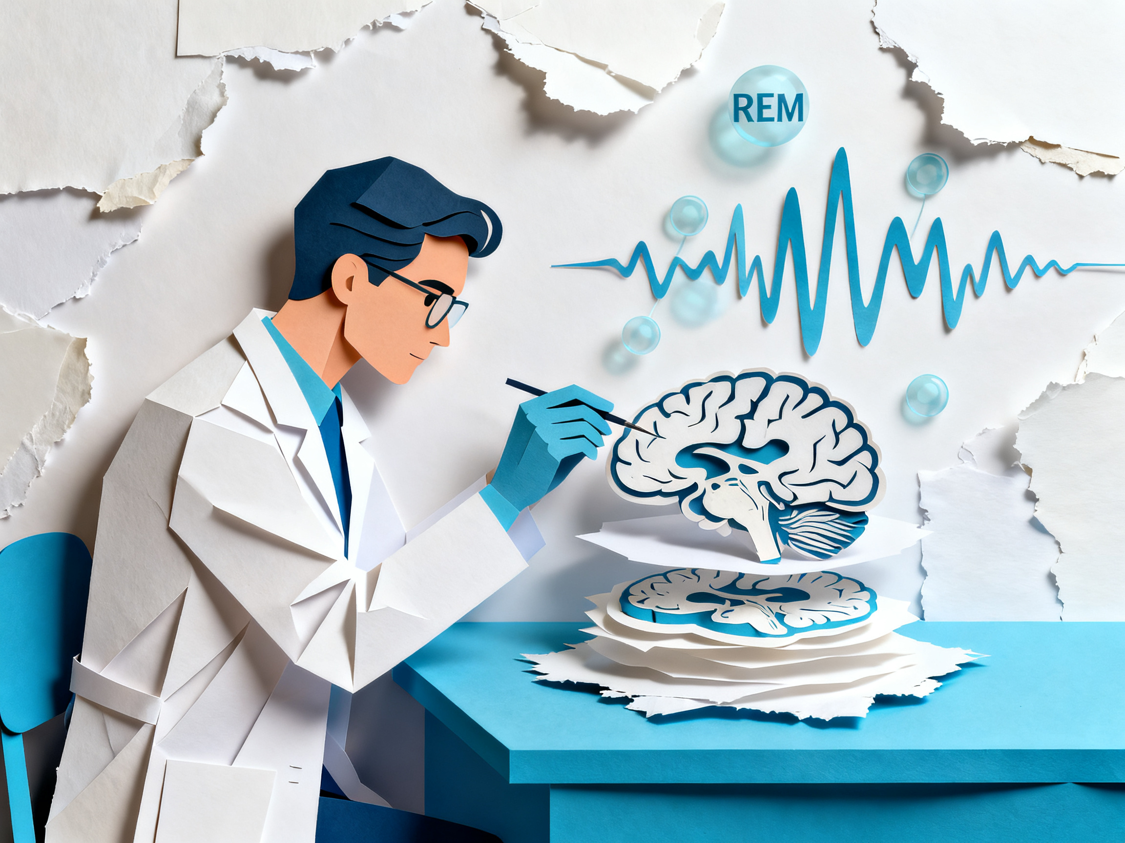 Scientist examining layered brain cross-sections made from cut paper, laboratory setting with floati