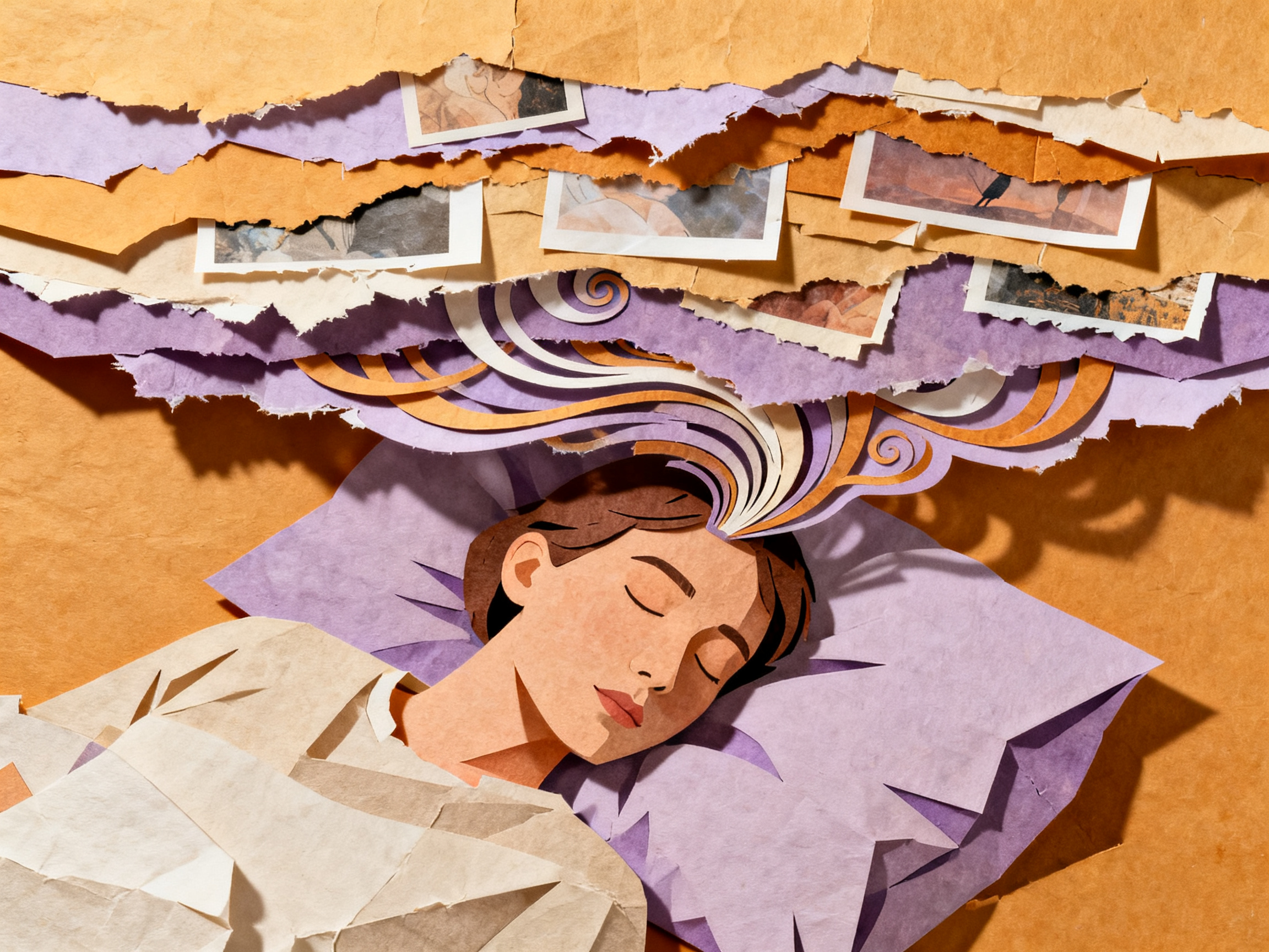 Person sleeping while paper memories and emotions swirl in organized layers above their head, peacef