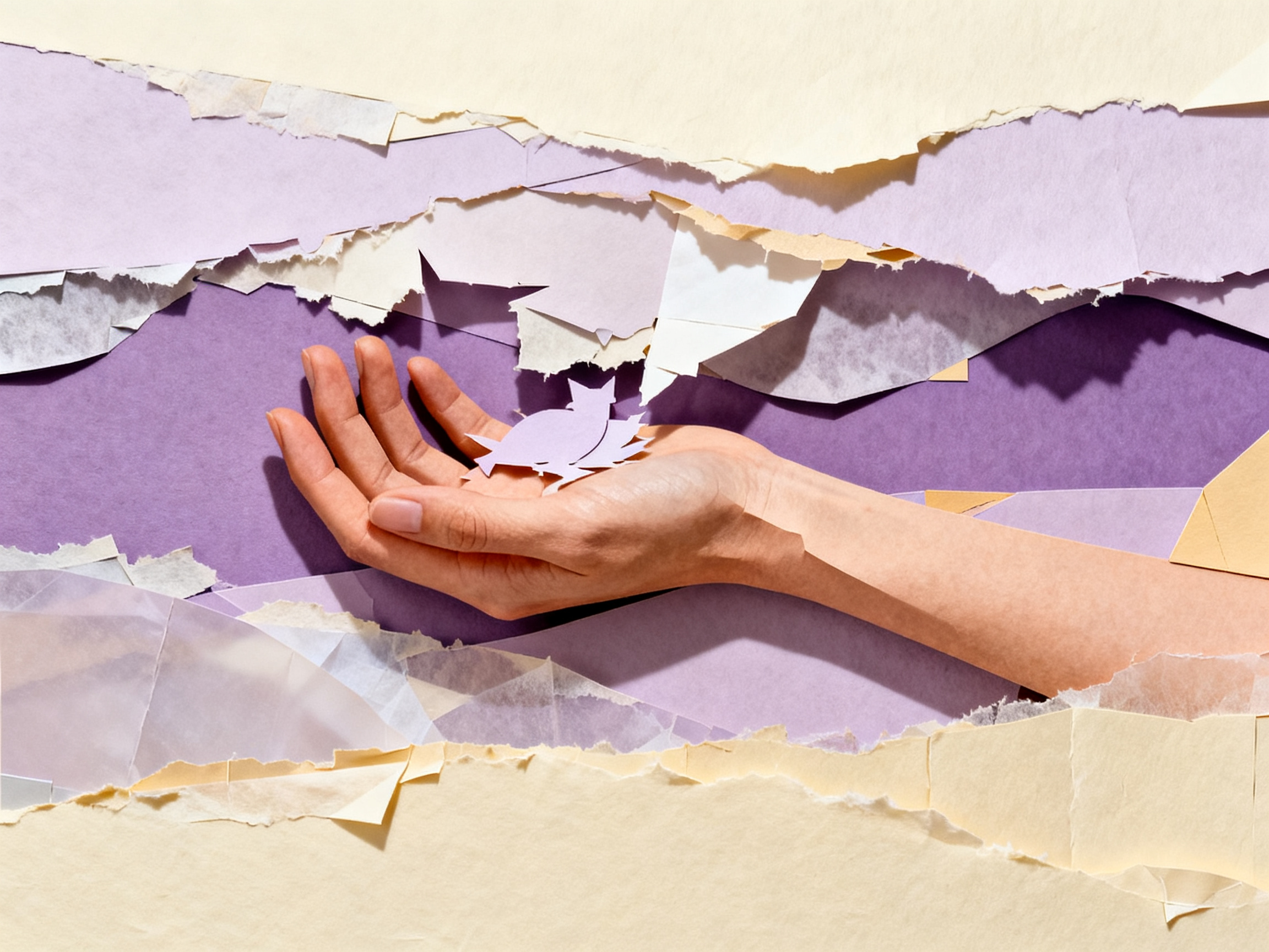 Hands reshaping torn paper nightmare into peaceful scene, multiple cardstock layers showing transfor