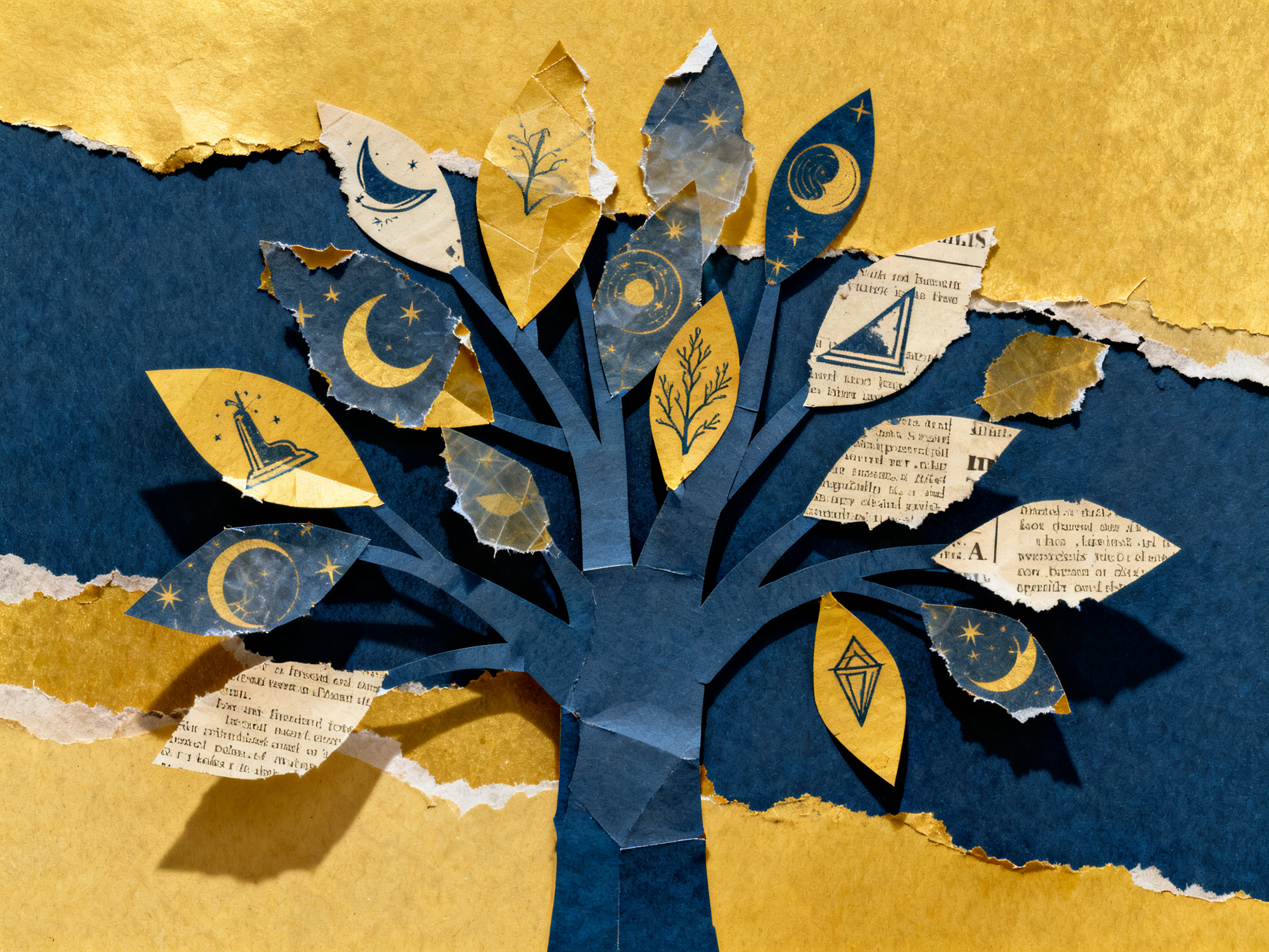 Abstract paper tree with recurring dream symbols as layered leaves, torn edges creating organic shap