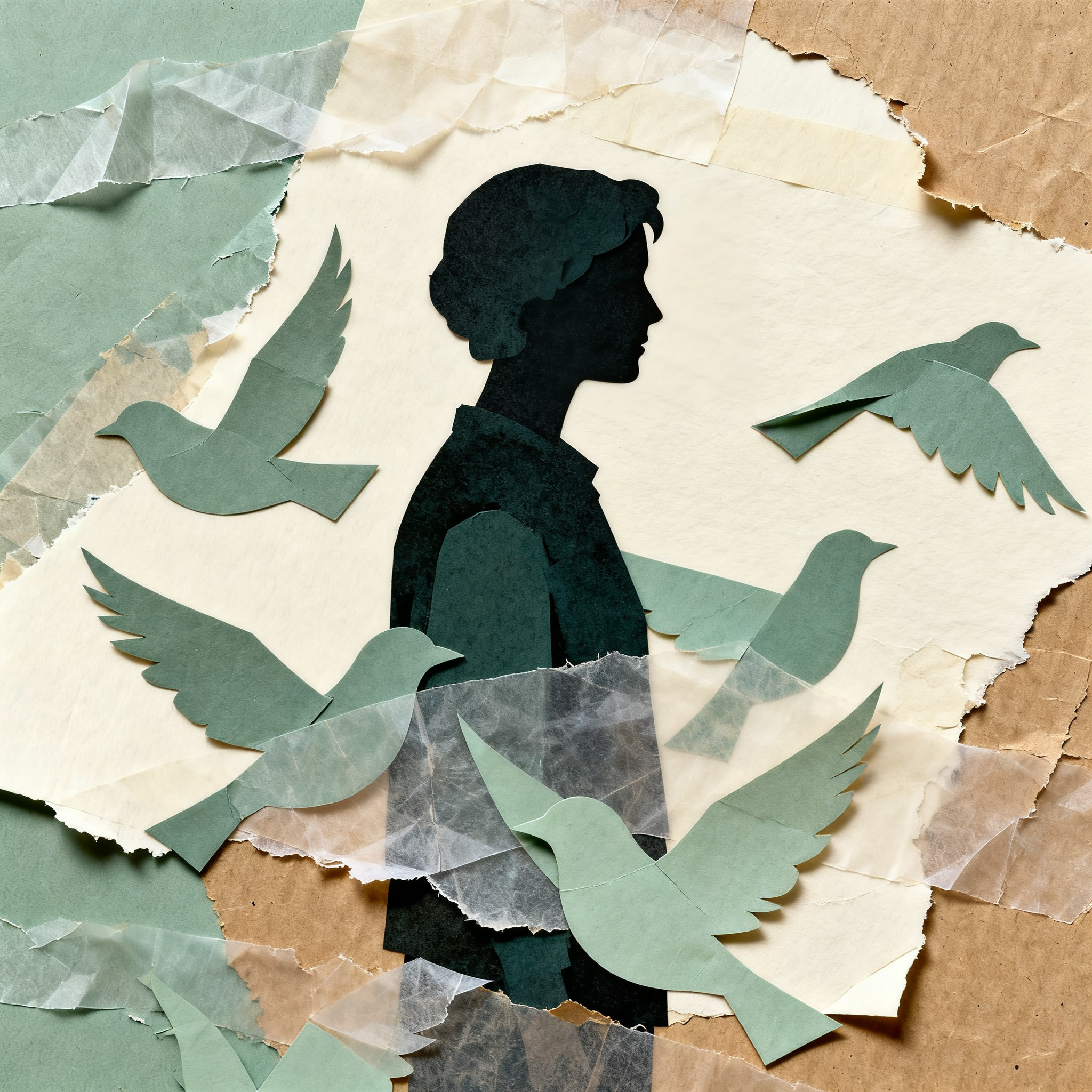 Silhouette figure standing among overlapping paper bird cutouts in various sizes, kraft paper textur
