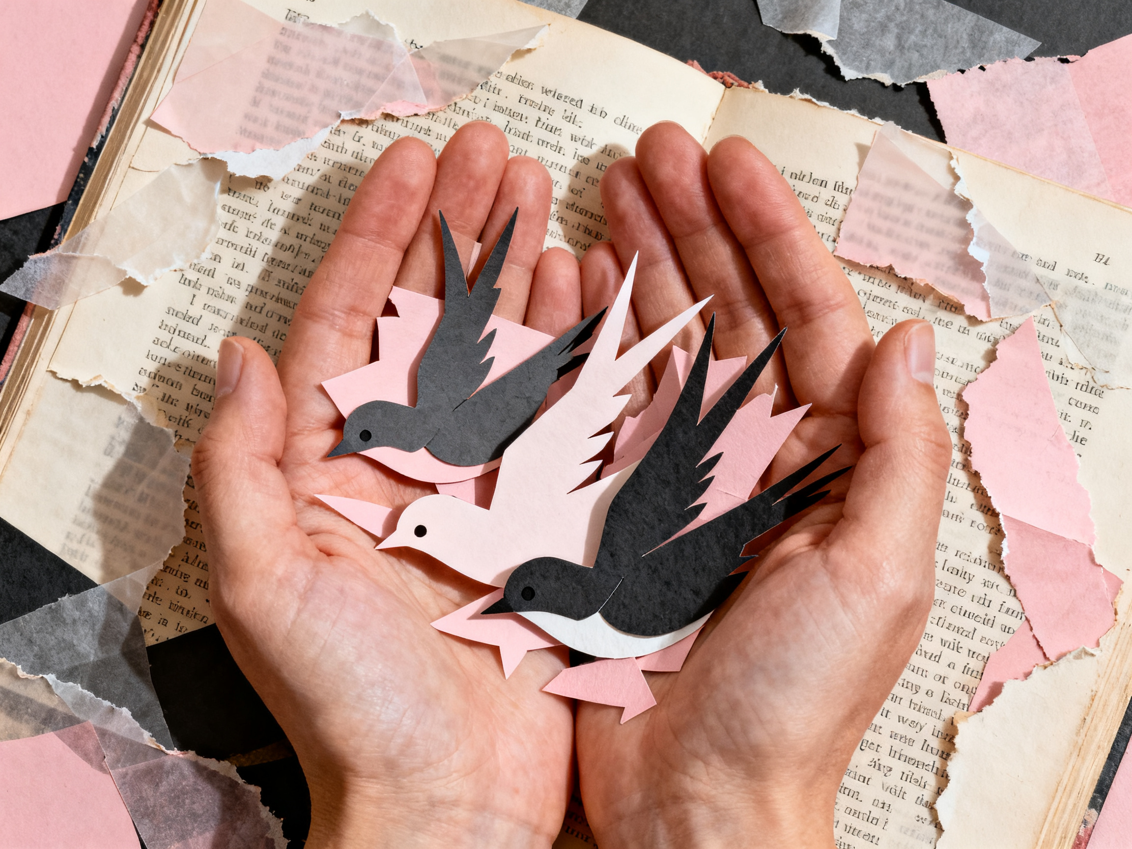 Hands cupping layered paper birds emerging from torn journal pages, mixed cardstock and newsprint te