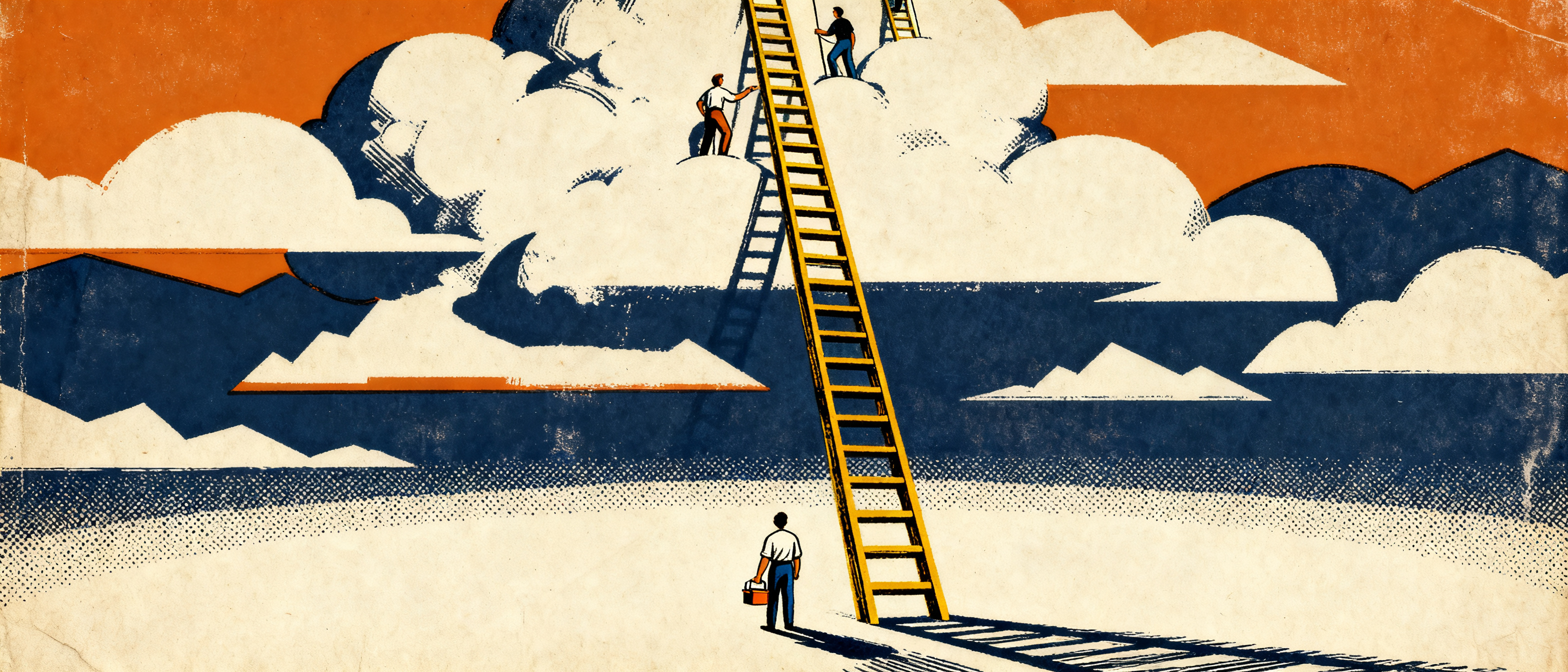 A small figure standing at the base of an enormous golden ladder that stretches impossibly high into