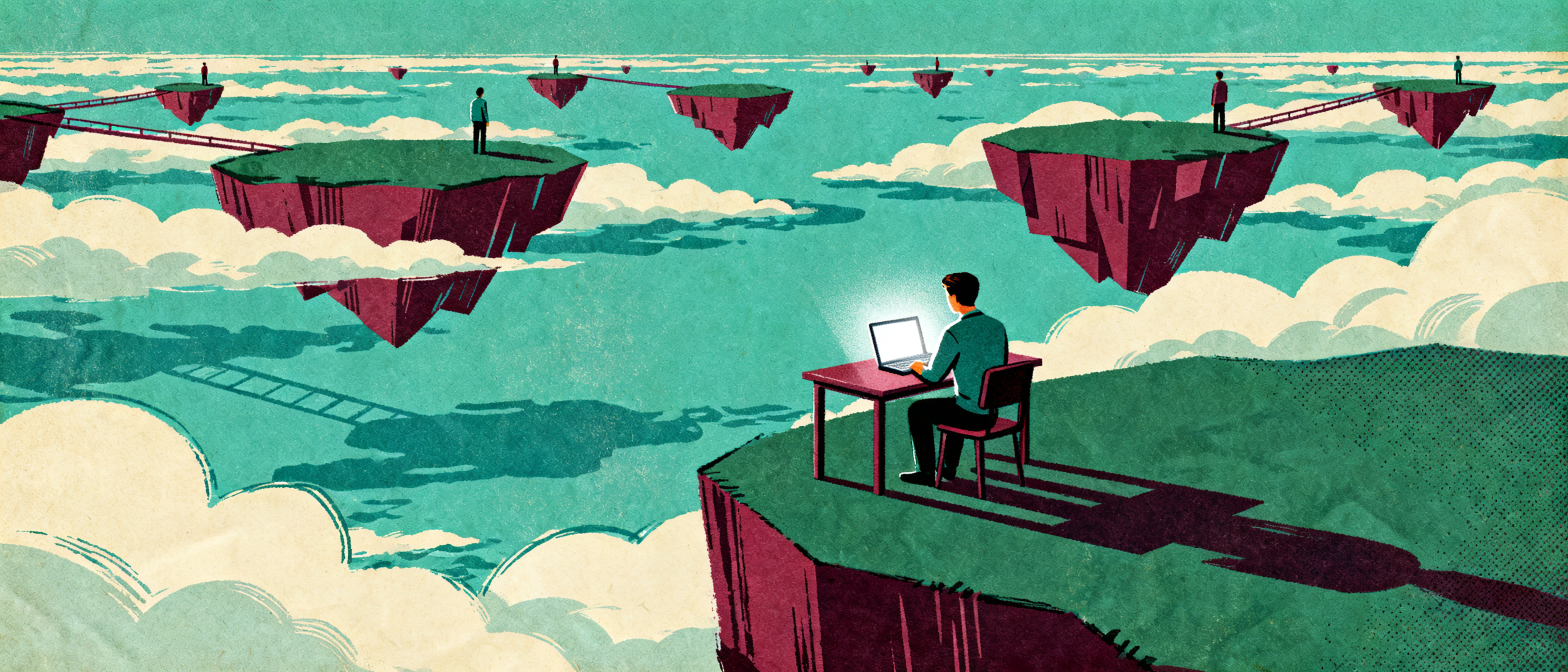 A figure sitting alone at a tiny desk on a floating island in a vast ocean of clouds, laptop glowing