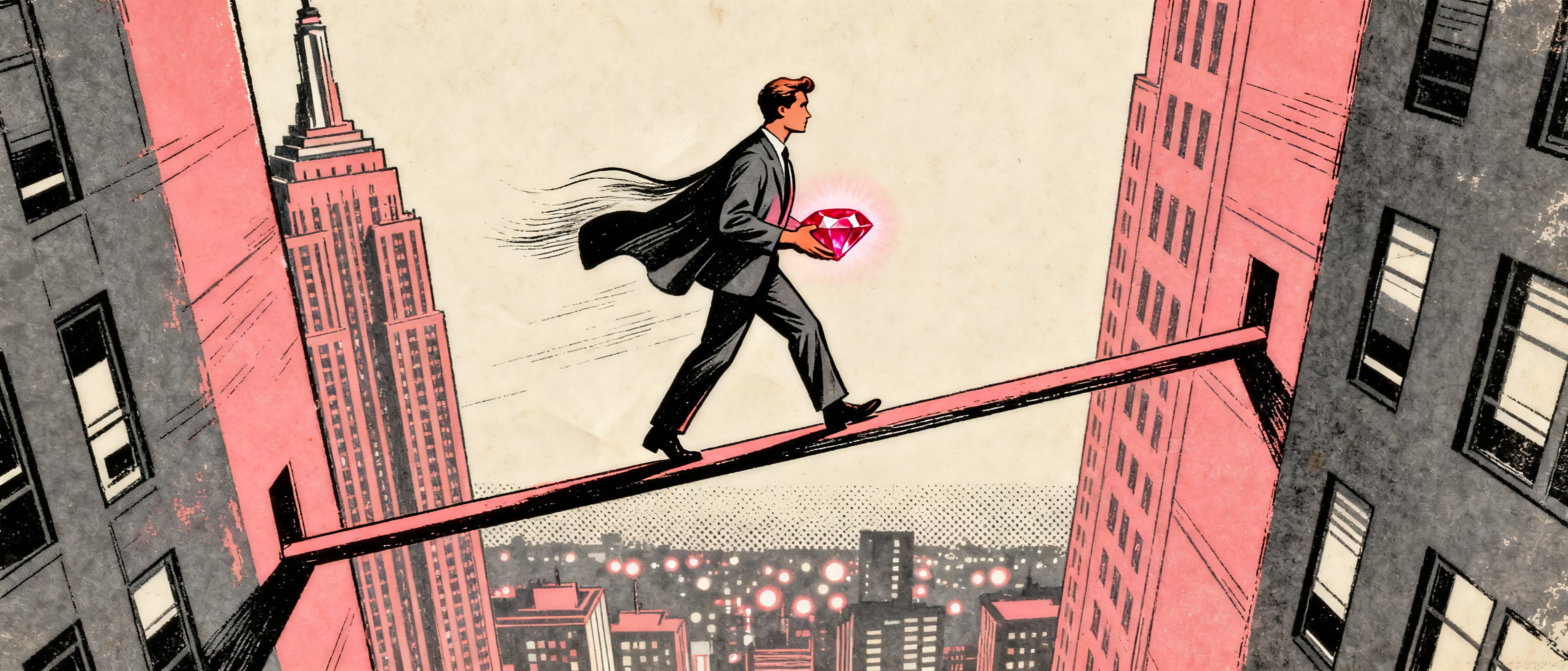 A figure walking confidently across a narrow beam between two skyscrapers, carrying a glowing ruby g