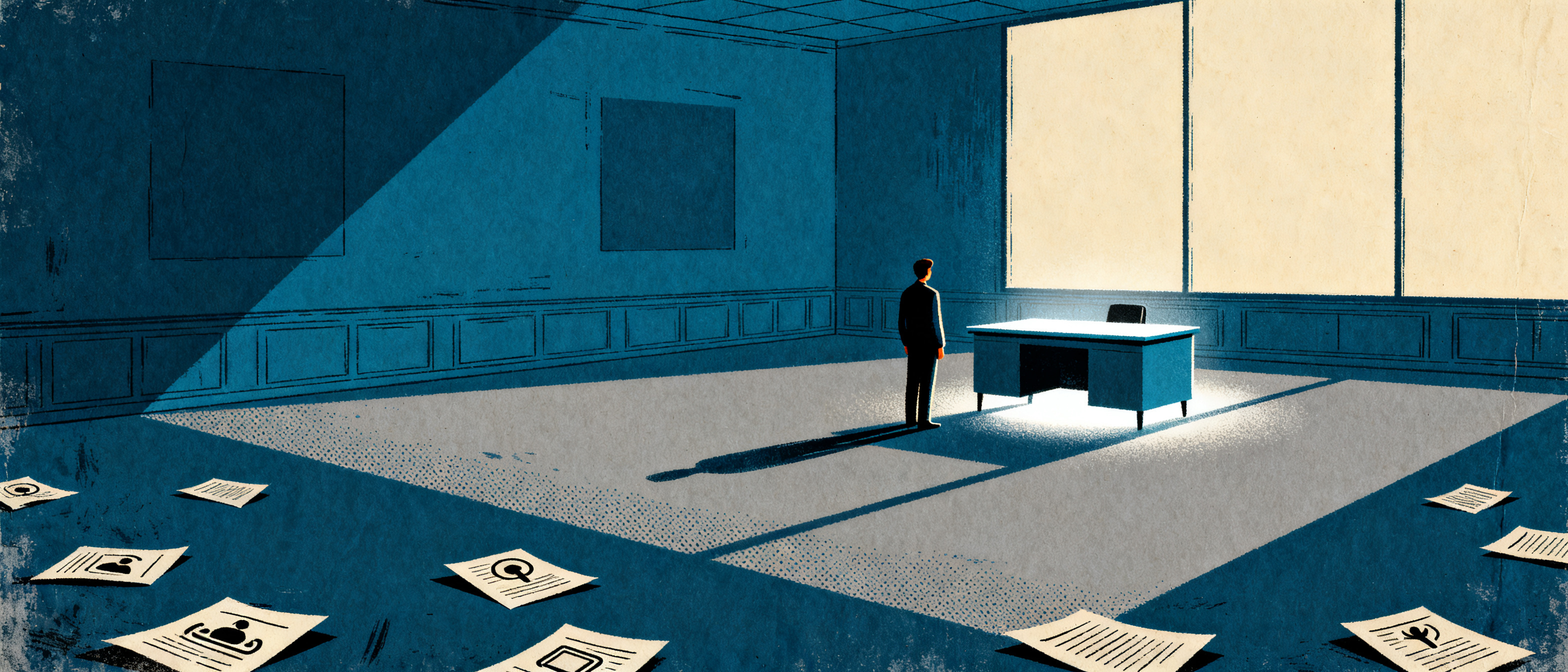 A small figure standing in an enormous empty office space with only a single glowing desk, papers sc
