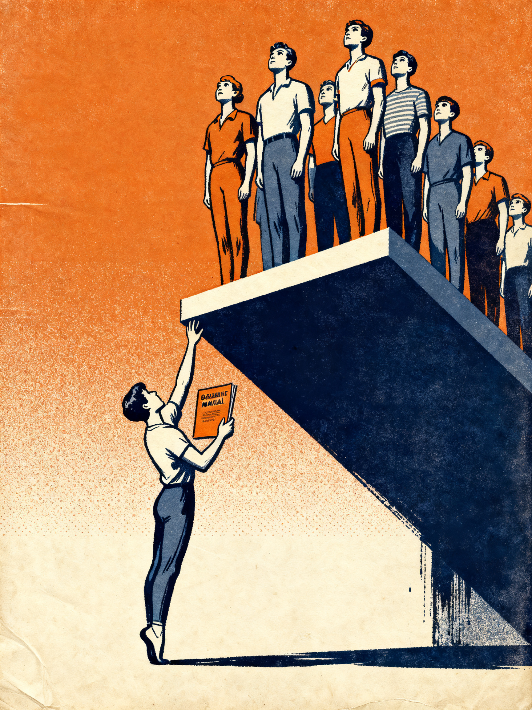 A figure on tiptoes reaching toward a high floating platform while holding a beginner's manual, othe