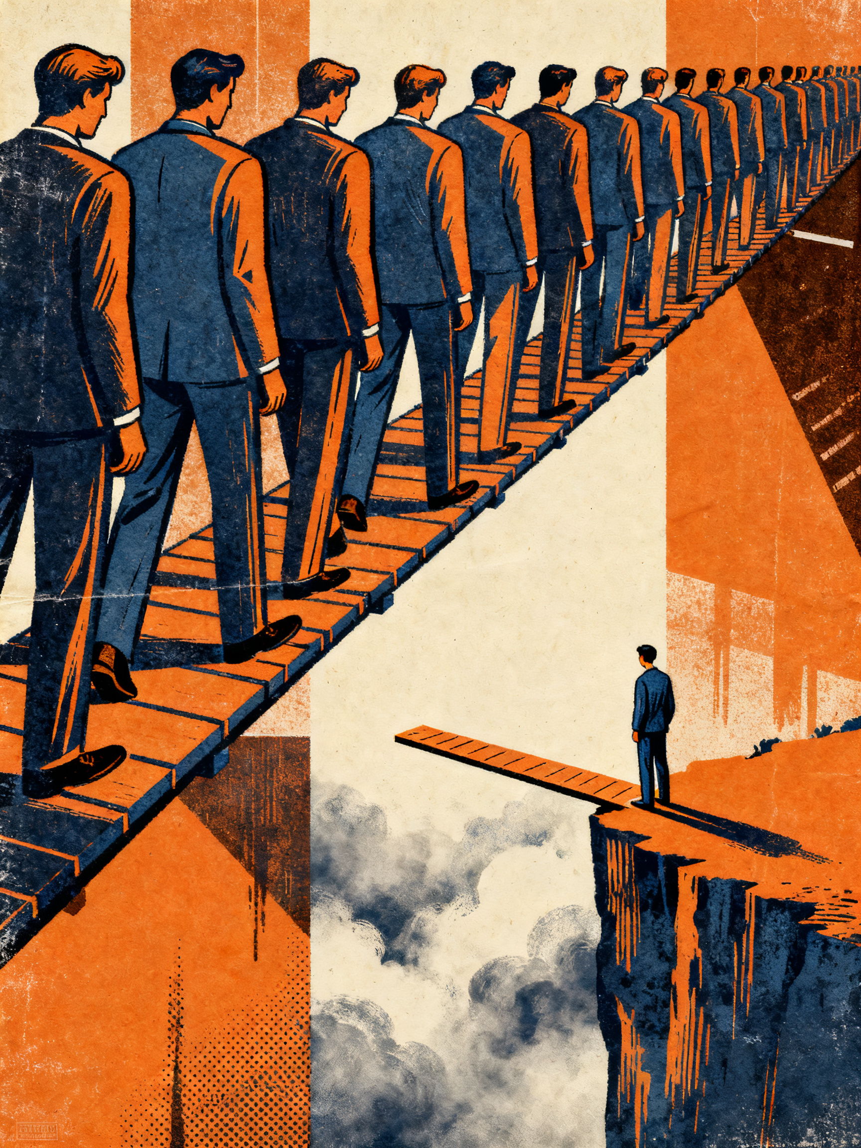 A narrow bridge crowded with tall confident figures crossing easily, one small hesitant figure at th