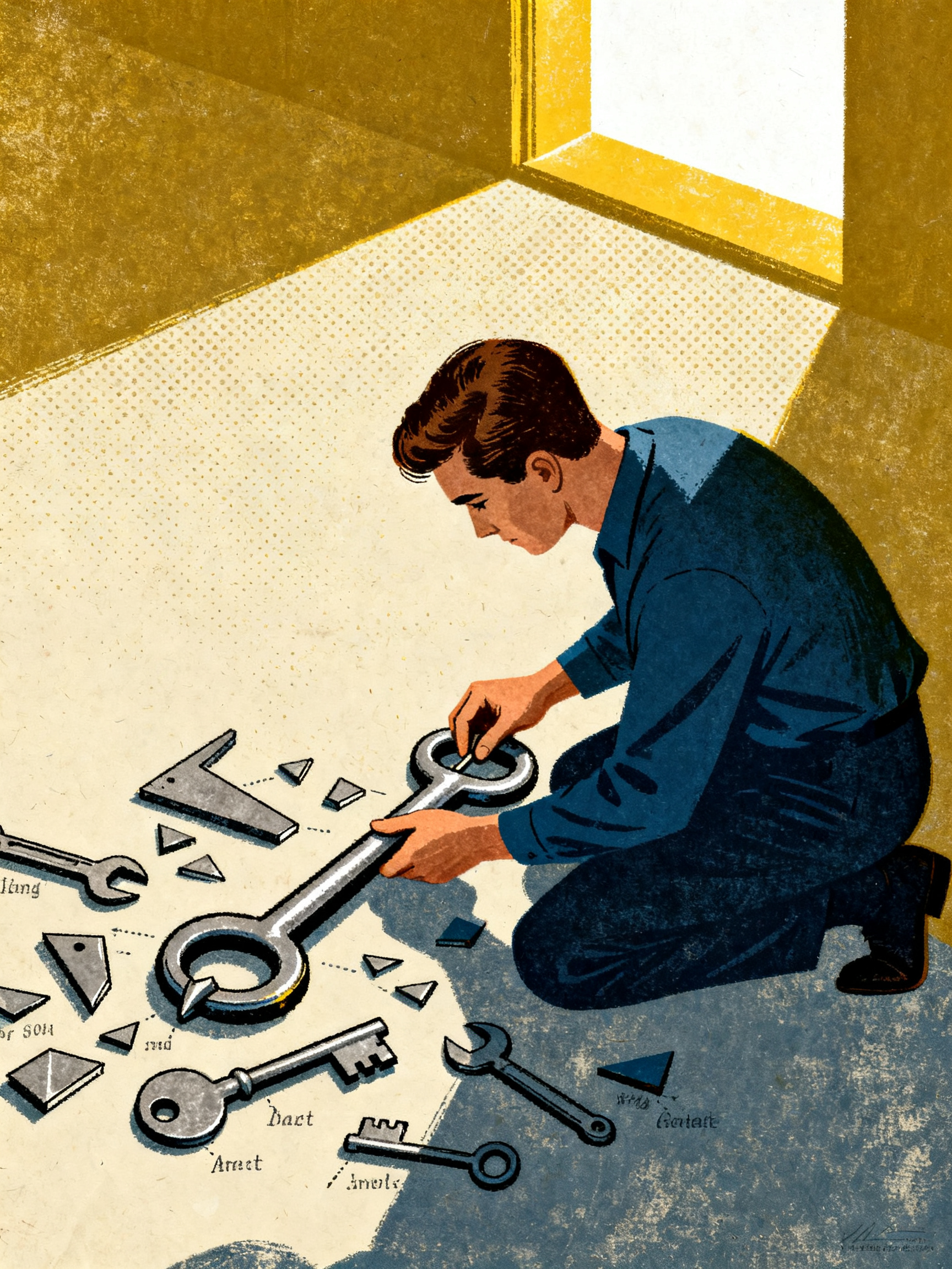 A figure kneeling and assembling a large key from scattered metal fragments labeled with different t