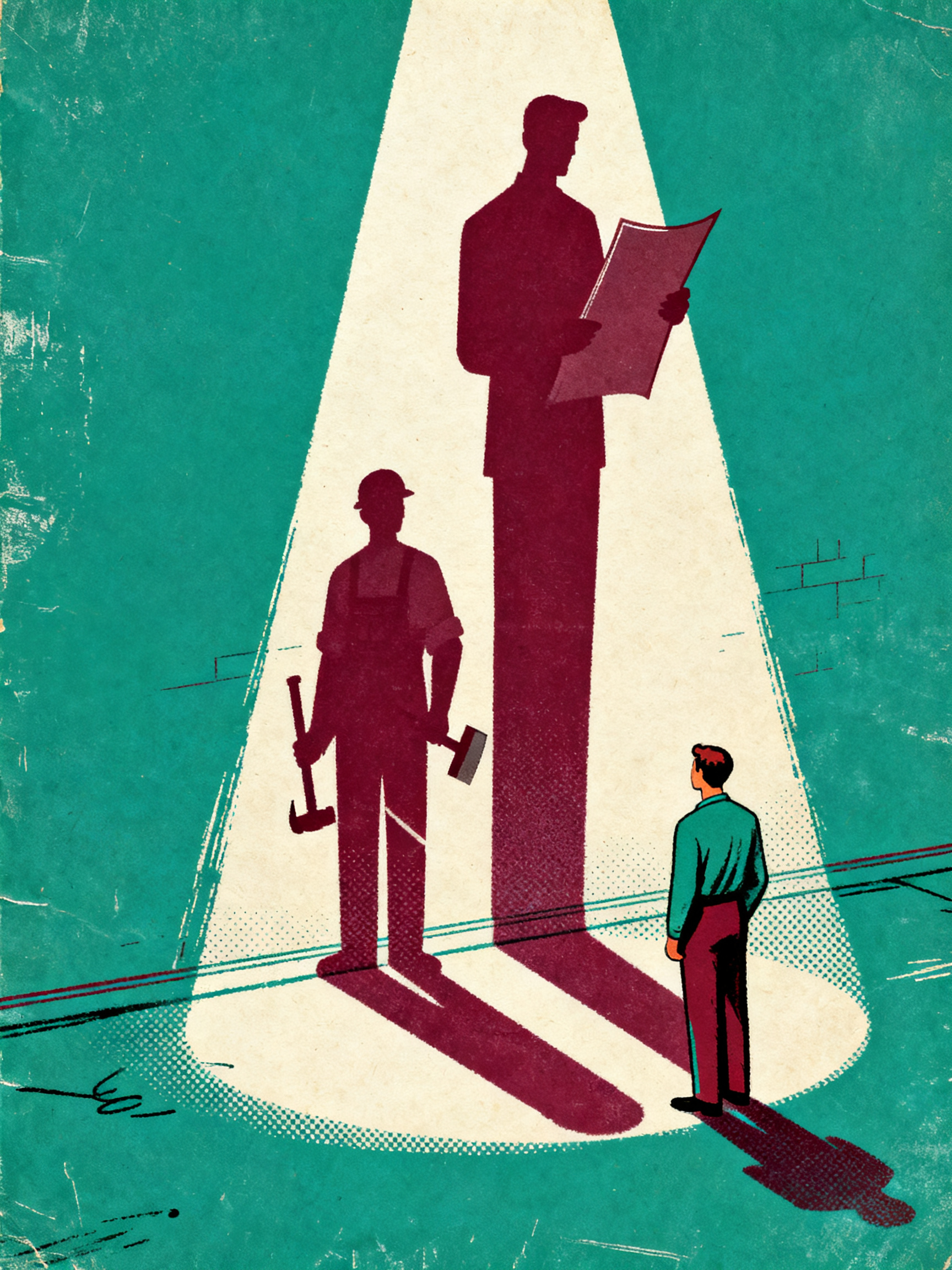 Two identical shadows cast by one standing figure, one shadow shaped like a modest craftsman with to
