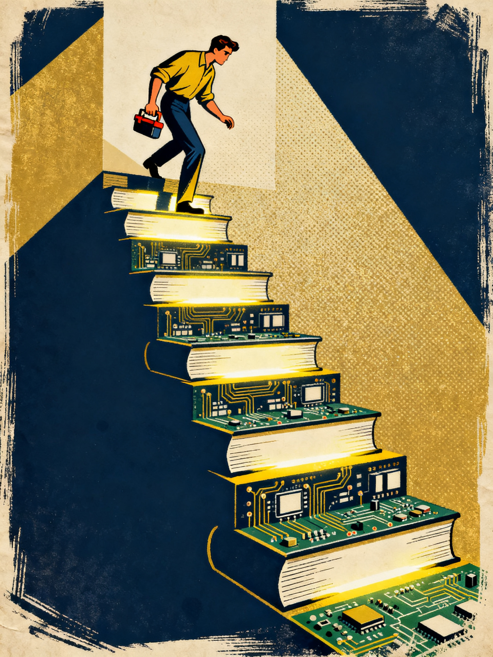 A figure climbing a staircase built from stacked books and circuit boards, each step glowing brighte