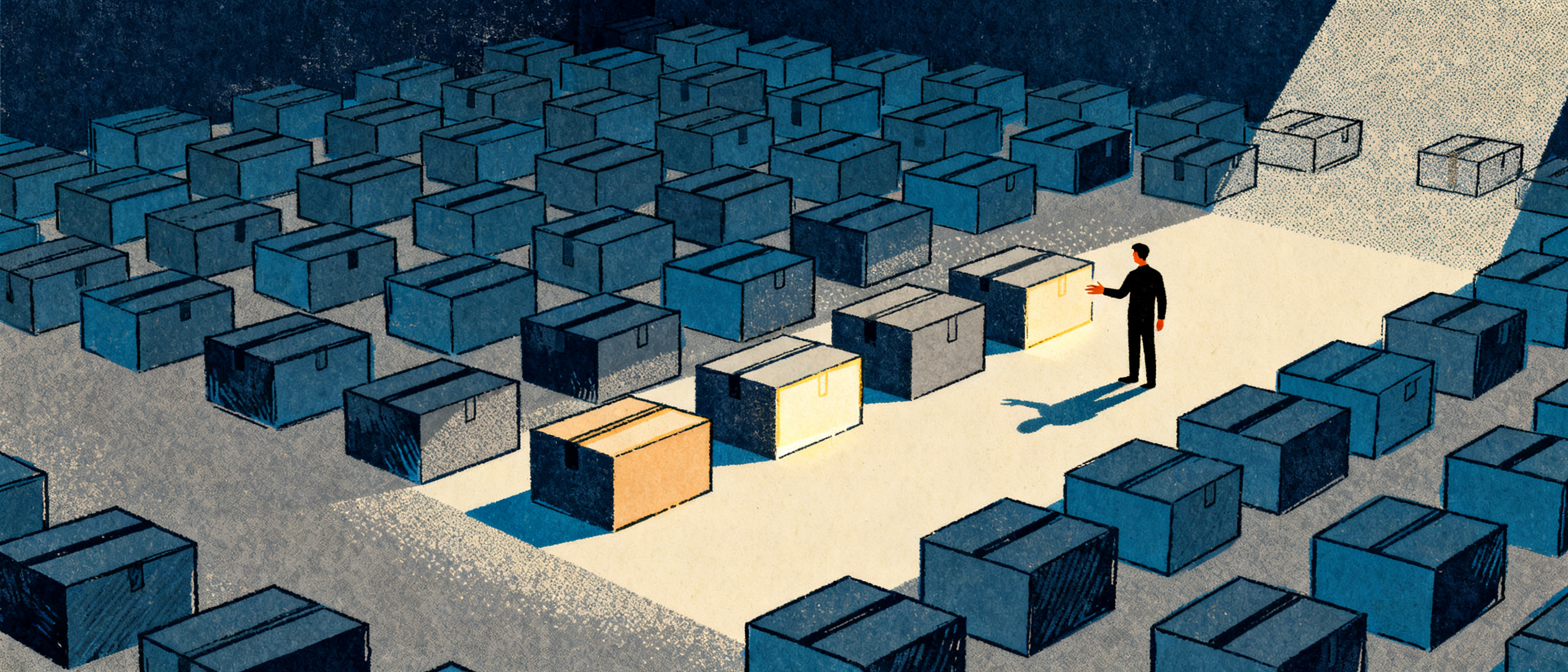 A figure standing in a vast empty hall filled with hundreds of identical closed boxes, only a handfu