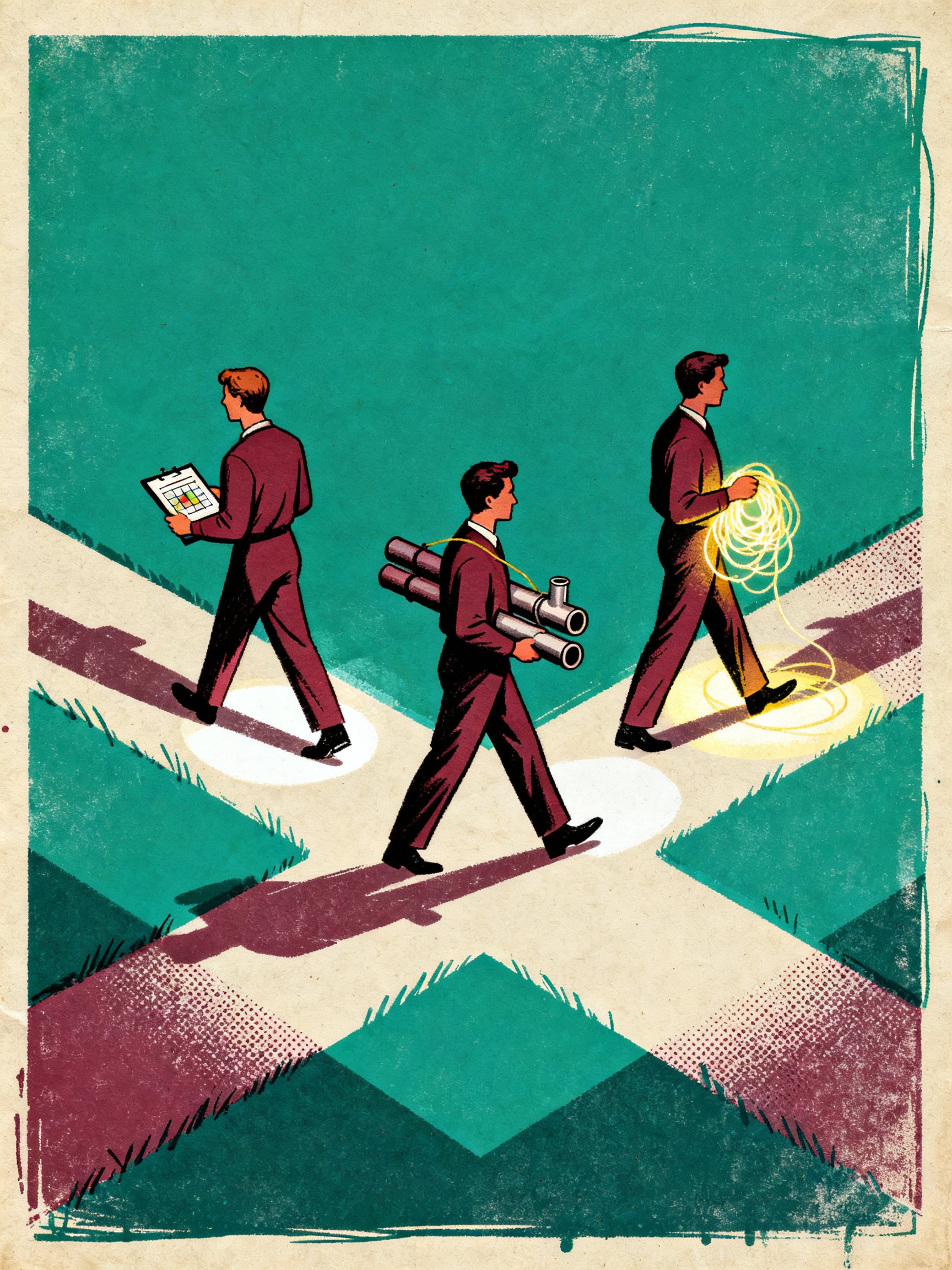 Three figures walking parallel paths that diverge from one crossroads, one carrying a small chart ta