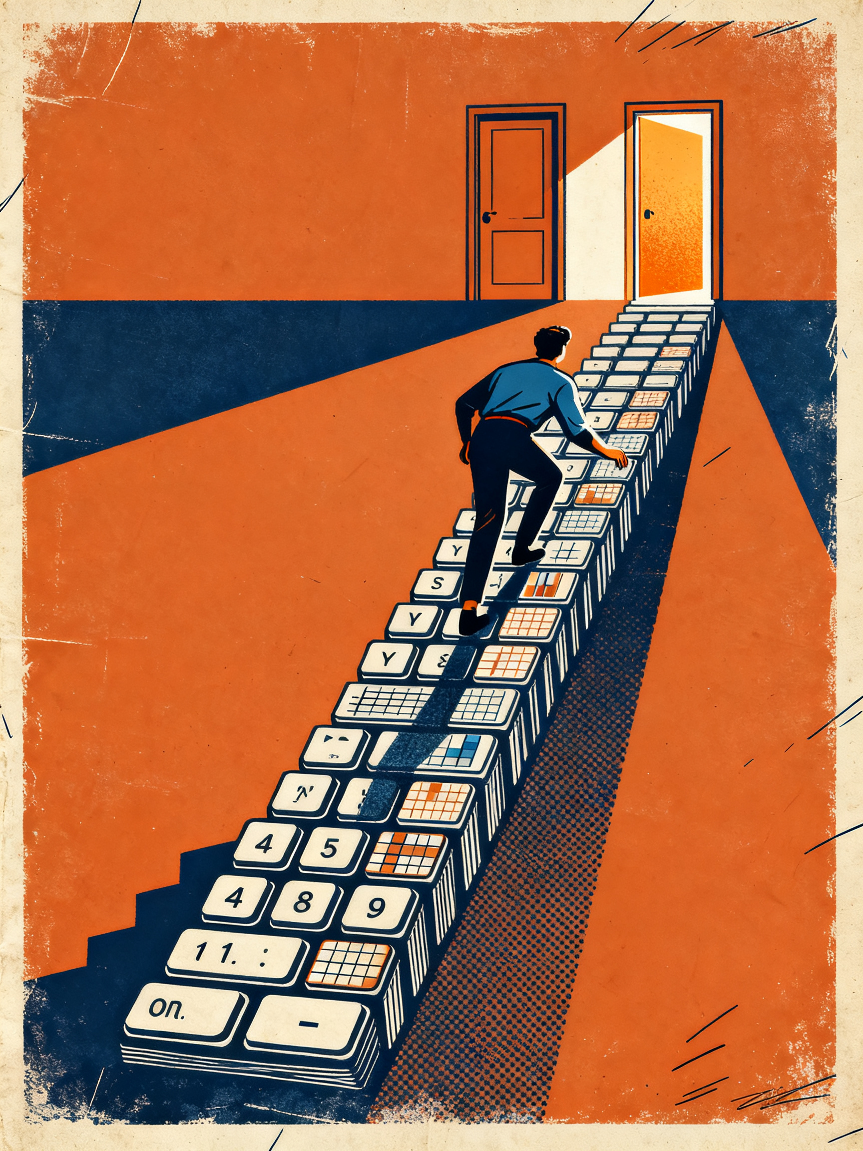 A figure climbing a narrow staircase built from stacked keyboard keys and chart tiles, reaching towa